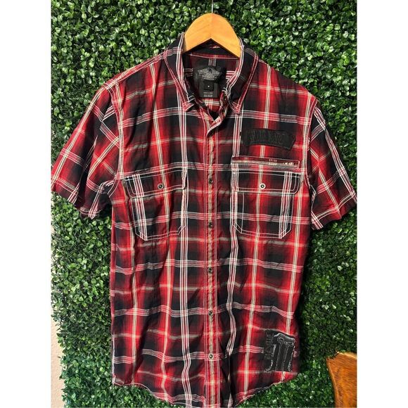 Harley Davidson Red Plaid Striped Button Front Shirt Mens Medium - Picture 1 of 5